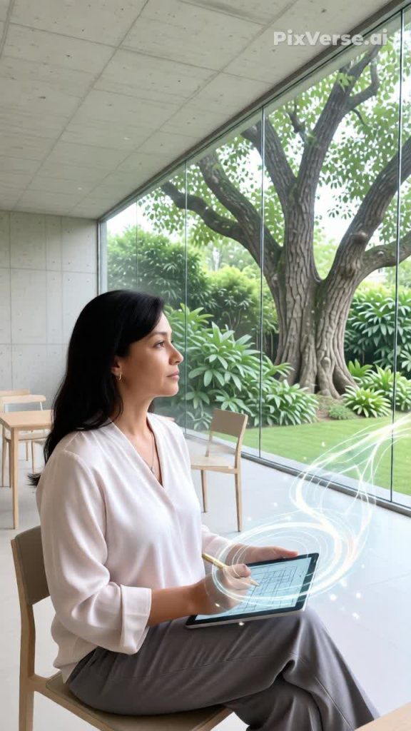 Selenis Matos, arquitecta de decisiones, en un espacio minimalista contemplando un plano digital que simboliza la arquitectura del reposo y el liderazgo consciente.