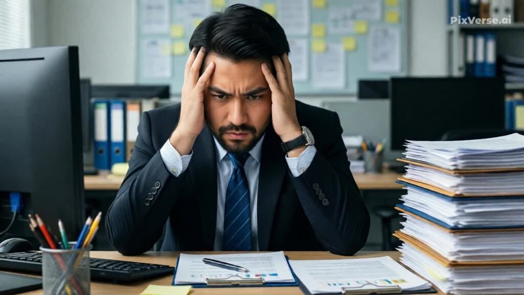 Empresario estresado trabajando rodeado de tareas pendientes, representando el cuello de botella y la falta de autonomía operativa en una empresa.