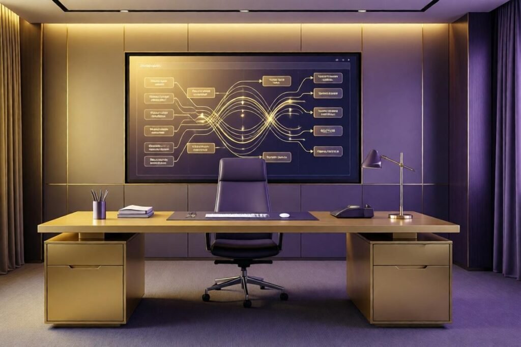 Estética corporativa y minimalista en tonos oscuros y morados. Un escritorio ejecutivo limpio con una pantalla que muestra una matriz de decisión o flujos estructurados, transmitiendo orden y control sin agobio.