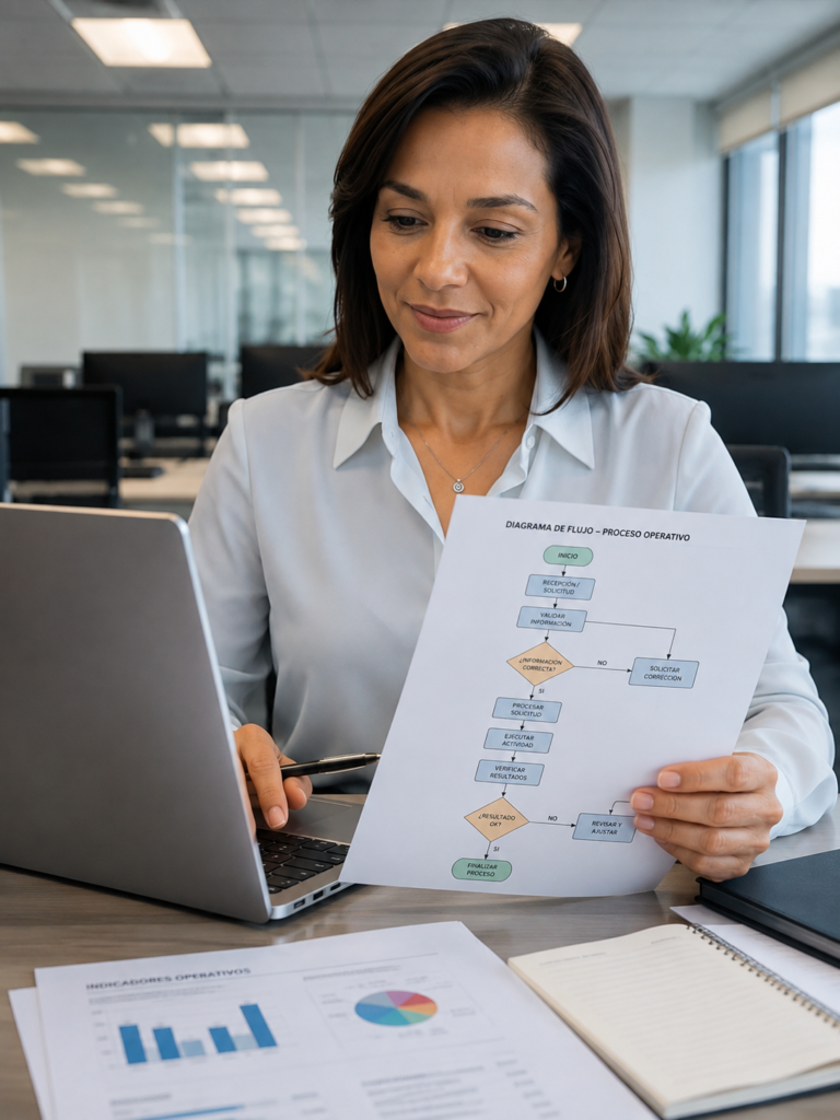 Fundador revisando un diagrama de flujos y procesos operativos en oficina