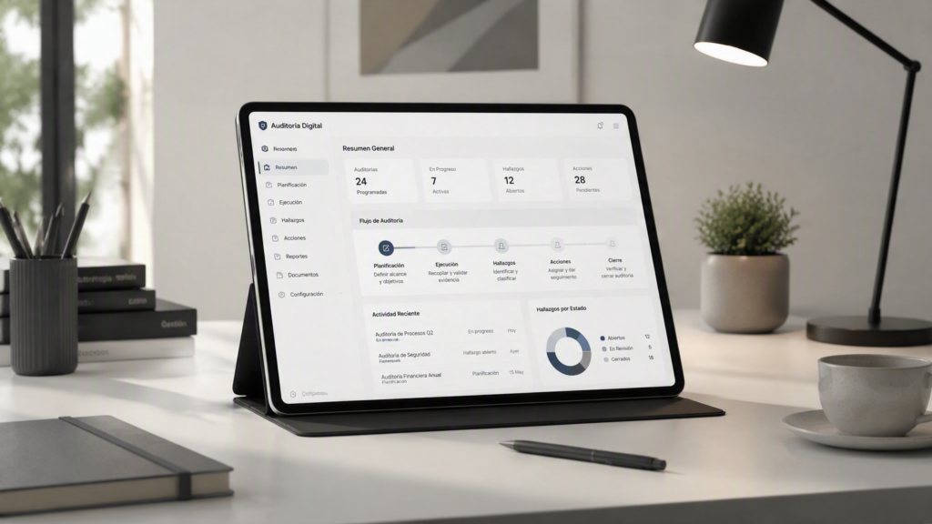 Tablet mostrando una matriz de auditoría de tech stack en un escritorio de trabajo organizado